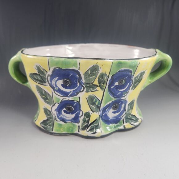 Posey Bacopoulos Vase Planter Studio Pottery OOAK Signed Yellow Floral Rustic - Picture 3 of 7